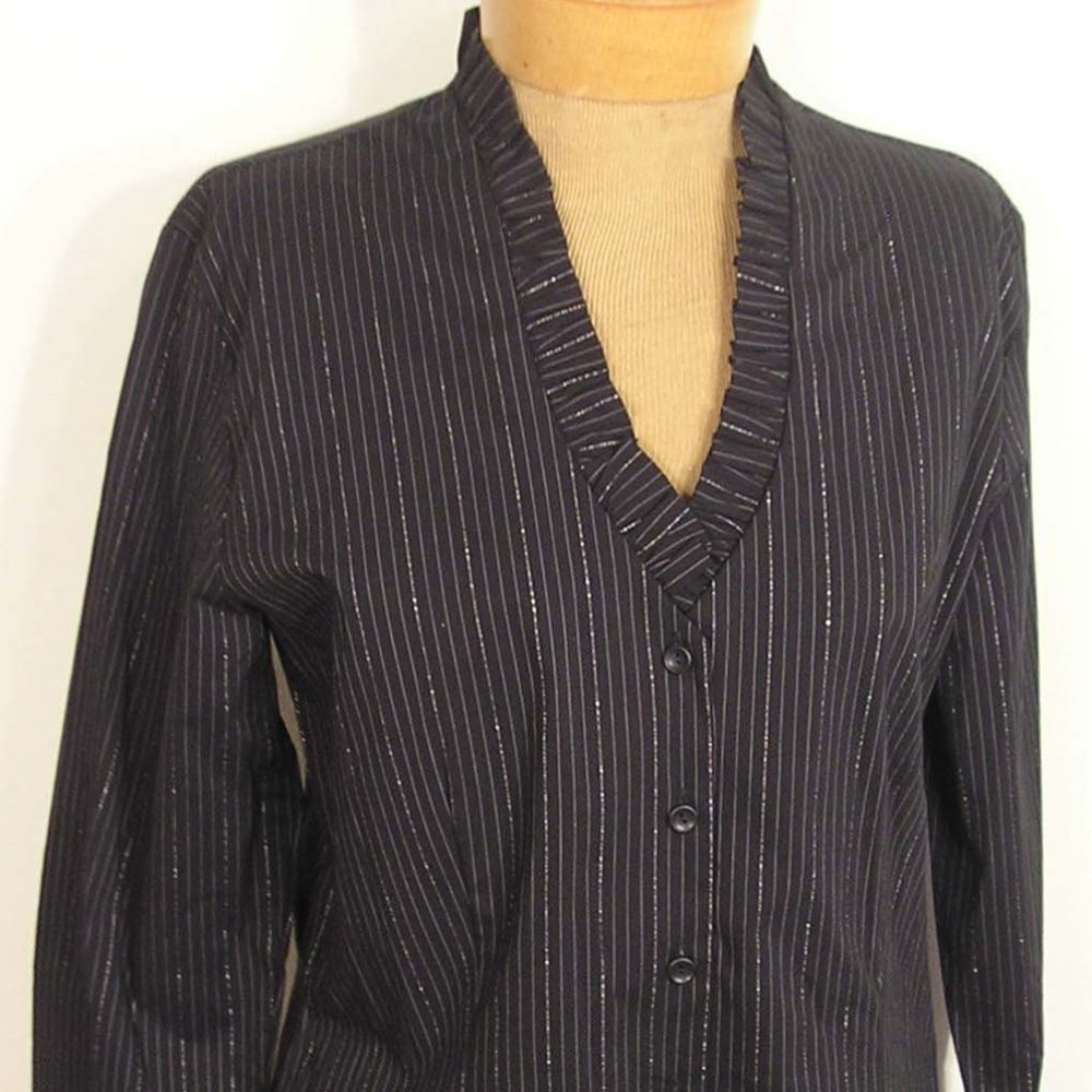 Talbots Black Metallic Silver Stripes  Stretch Top